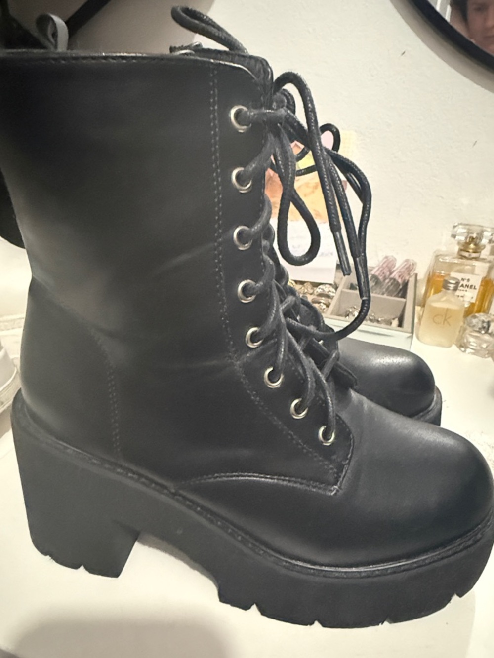 Demonia Black Lace-Up Platform Combat Boots for Women